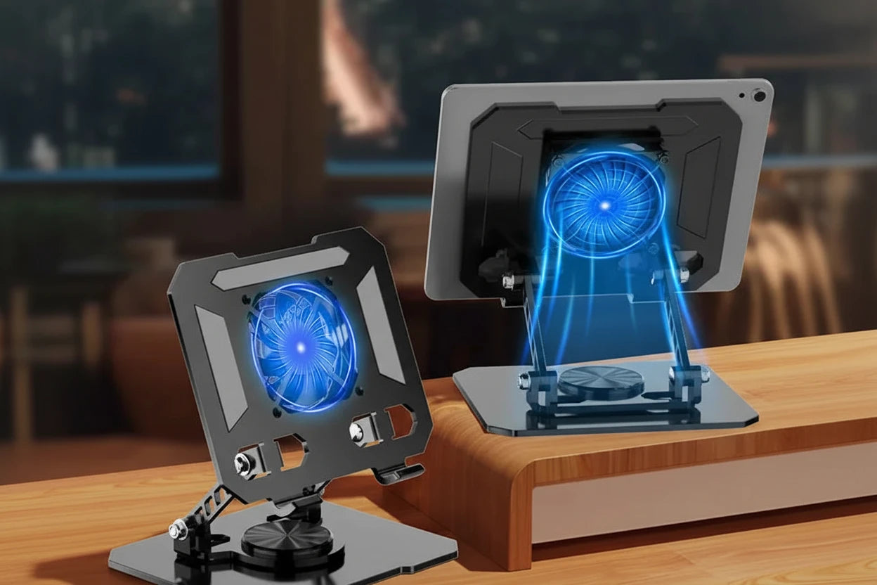 Rotierbarer Laptop- und Tabletständer mit integriertem Lüfter für ergonomisches Arbeiten und effektive Kühlung. Klappbarer 360° Notebook-Ständer aus stabilem Carbonstahl – ideal für Homeoffice, Büro oder unterwegs.