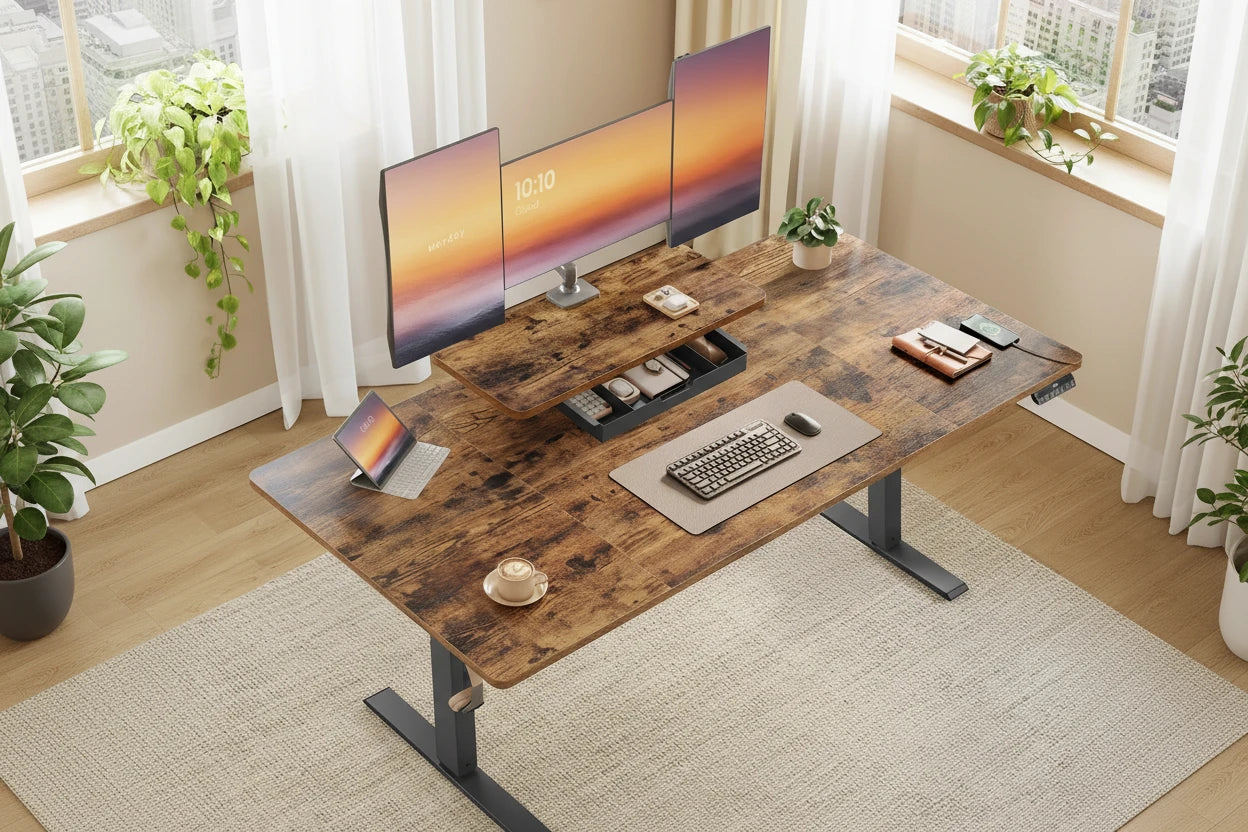 Elektrischer Schreibtisch mit Monitorständer und Stauraum – perfekt für dein Home Office
Dieser höhenverstellbare Schreibtisch bietet dir maximale Flexibilität zwischen Sitzen und Stehen. Mit großer Arbeitsfläche, integriertem Monitorständer und praktischer Schublade schaffst du ein organisiertes und produktives Setup. Ideal für modernes, ergonomisches Arbeiten im Home Office.