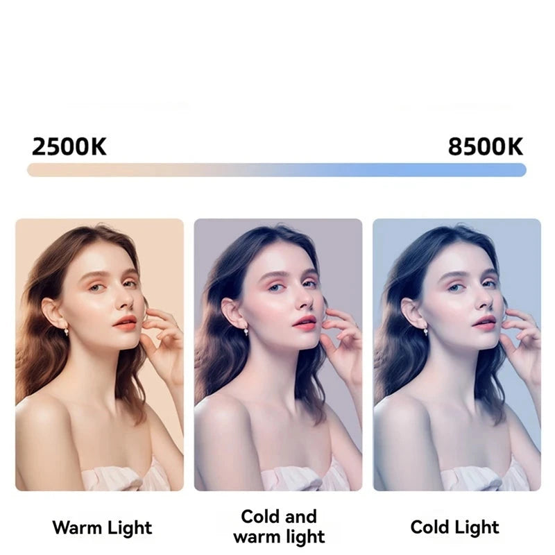 Tragbares Ring-LED-Licht für Homeoffice & Streaming – Stufenlos einstellbare Farbtemperatur (2500K–8500K), dimmbare Helligkeit (20–100 %) und CRI 96+ für natürliche Farben. Blendfreies Softlicht, ideal für Video-Meetings, Livestreams, Selfies und professionelle Content Creation mit Smartphone oder Kamera.