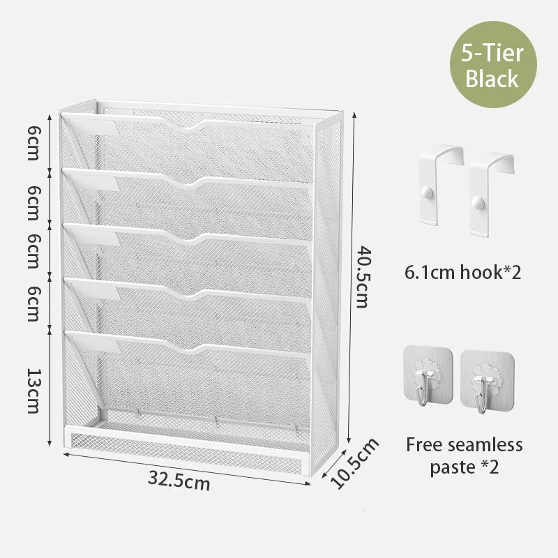 5-Tier Dokumentenorganizer aus stabilem Metall-Mesh für Büro und Homeoffice. Platzsparende Briefablage mit vertikalem Design für strukturierte Aufbewahrung von Dokumenten, Ordnern und Unterlagen – freistehend oder zur Wandmontage geeignet.