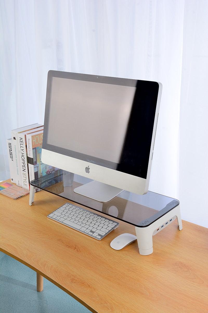 Space Bar - Bildschirm-/Monitorständer mit integriertem USB Hub, gehärtetes Glas - Smarter Home Office - Smartes Arbeiten im Home Office und Unterwegs