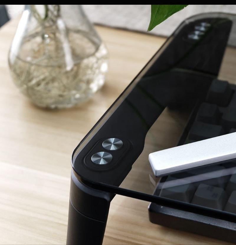 Space Bar - Bildschirm-/Monitorständer mit integriertem USB Hub, gehärtetes Glas - Smarter Home Office - Smartes Arbeiten im Home Office und Unterwegs